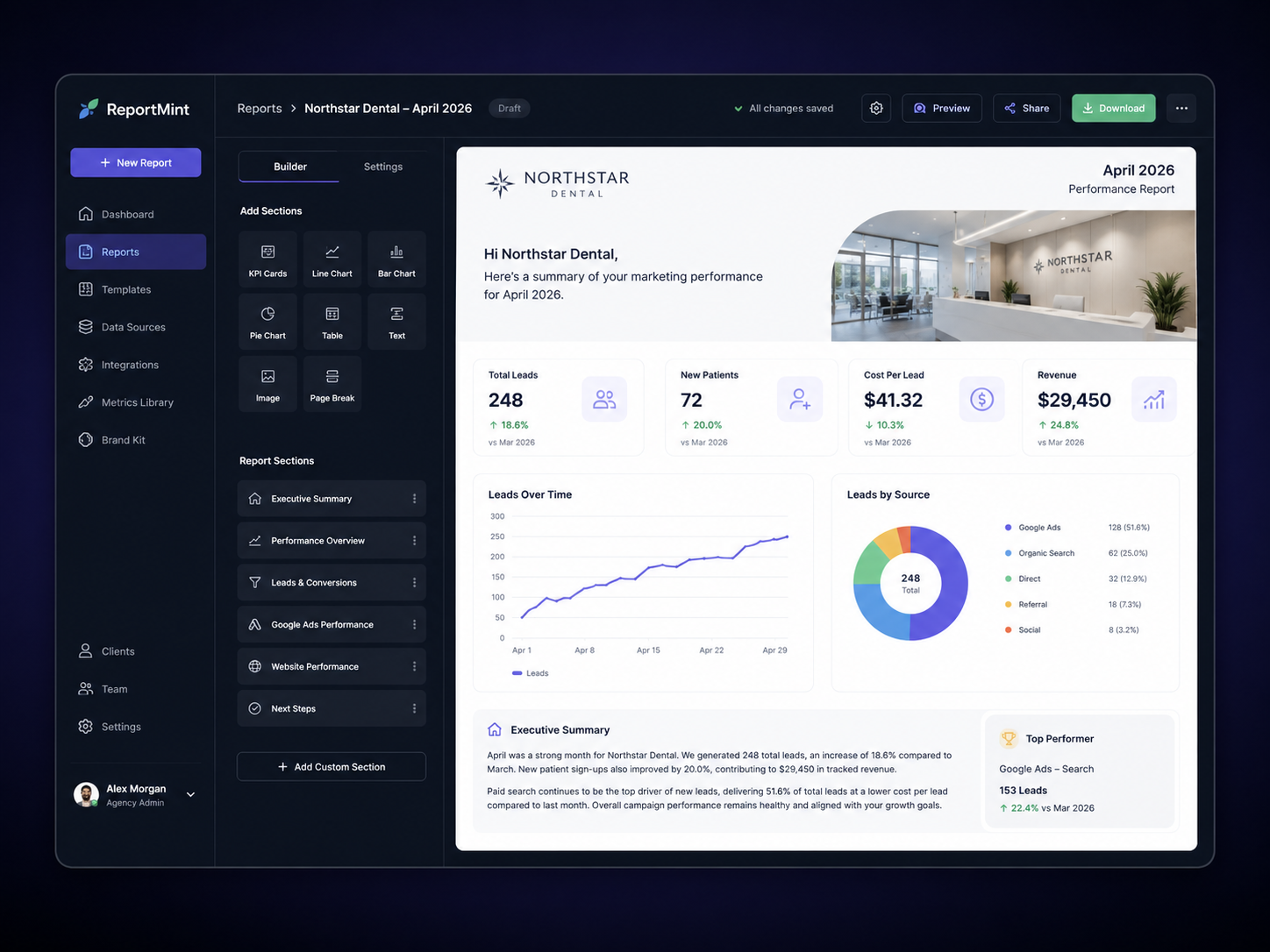 ReportMint report builder interface with editable report sections, preview panel, and export options